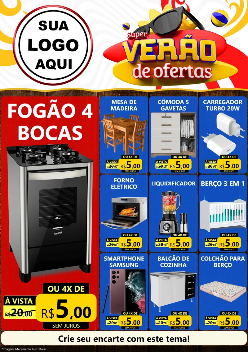 Modelo de Encarte para Encarte A4 Vertical com o tema Super Verão de Ofertas para Móveis e Eletro