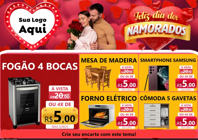 Modelo de Encarte para Encarte A4 Horizontal com o tema Feliz Dia Dos Namorados para Móveis e Eletro