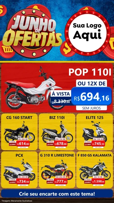 Modelo de Rede Social para Stories com o tema Junho de Ofertas para Concessionaria de Motos
