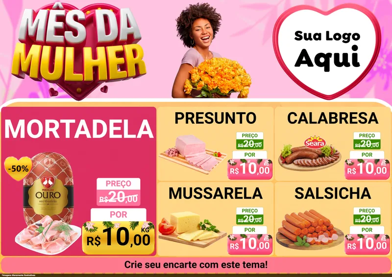 Modelo de Encarte para Encarte A4 Horizontal com o tema Mês da Mulher para Frios e Laticínios