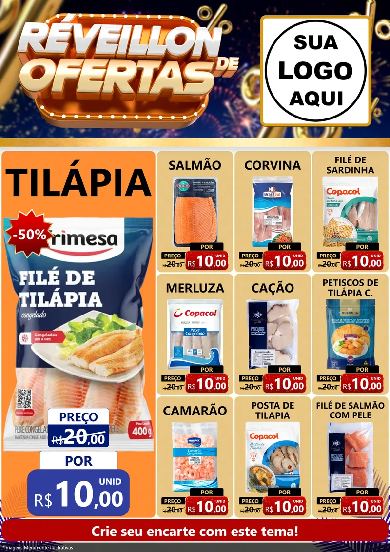 Modelo de Encarte para Encarte A4 Vertical com o tema Réveillon de Ofertas para Peixaria