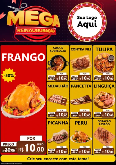 Modelo de Encarte para Encarte A4 Vertical com o tema Mega Reinauguração para Assados