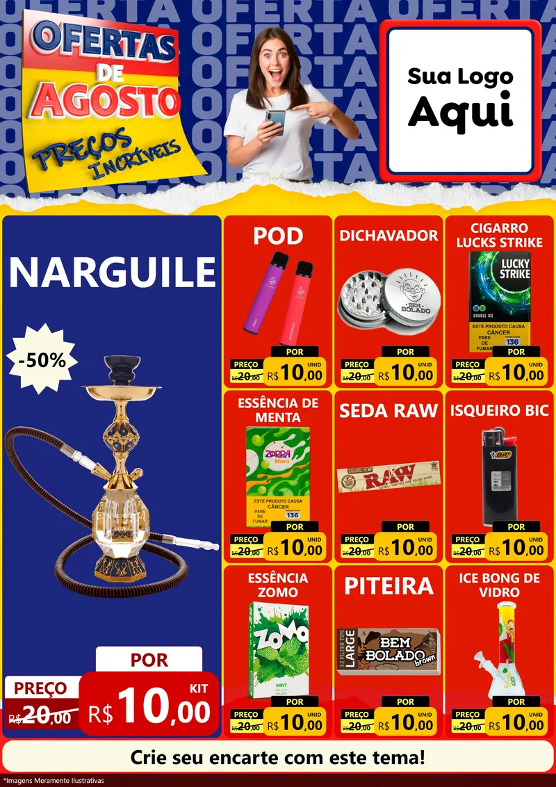 Modelo de Encarte para Encarte A4 Vertical com o tema Ofertas de Agosto - Preços Incríveis para Tabacaria