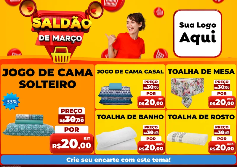Modelo de Encarte para Encarte A4 Horizontal com o tema Saldão de Março para Cama, Mesa e Banho