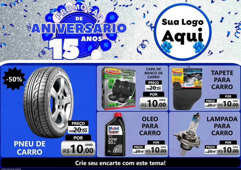 Modelo de Encarte para Encarte A4 Horizontal com o tema Promoção de Aniversário - 15 Anos para Auto peças