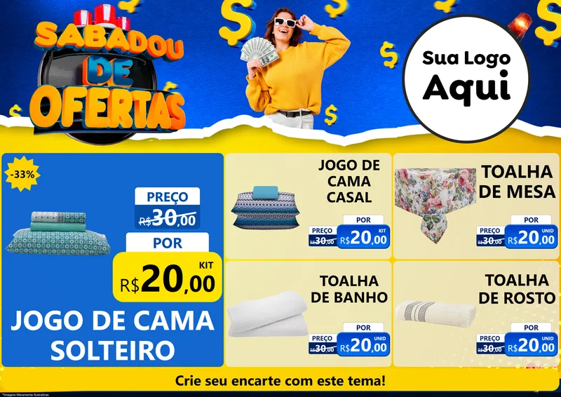Modelo de Encarte para Encarte A4 Horizontal com o tema Sabadou de Ofertas para Cama, Mesa e Banho