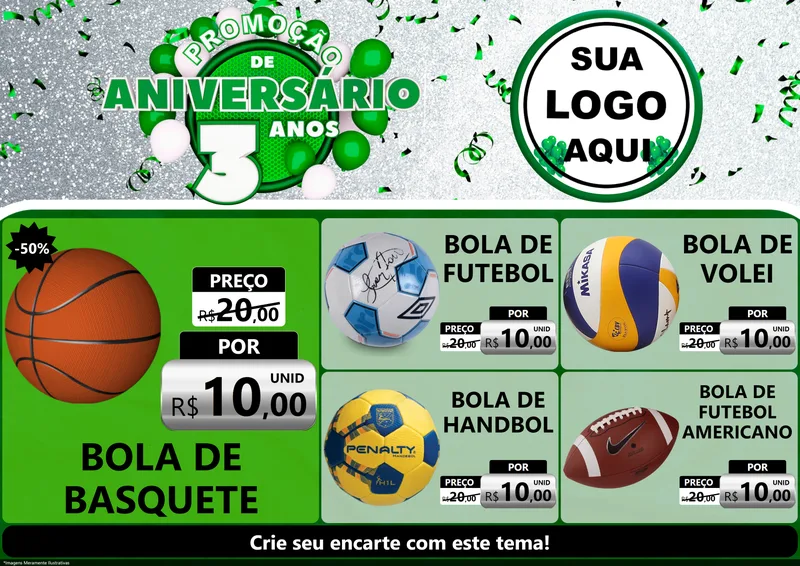 Modelo de Encarte para Encarte A4 Horizontal com o tema Promoção de Aniversário - 3 Anos para Artigos Esportivos