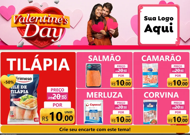 Modelo de Encarte para Encarte A4 Horizontal com o tema Valentine's Day para Peixaria