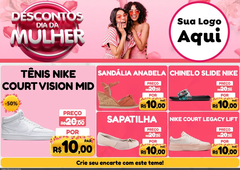 Modelo de Encarte para Encarte A4 Horizontal com o tema Descontos Dia da Mulher para Calçados