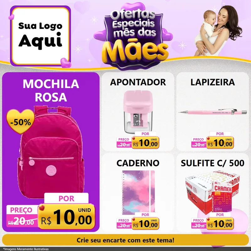 Modelo de Rede Social para Feed Facebook com o tema Ofertas Especiais - Mês das Mães para Papelaria