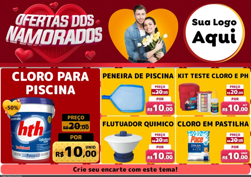 Modelo de Encarte para Encarte A4 Horizontal com o tema Ofertas Dos Namorados para Produtos para Piscina