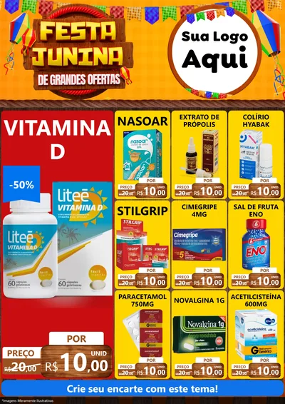 Modelo de Encarte para Encarte A4 Vertical com o tema Festa Junina de Grandes Ofertas para Farmácia