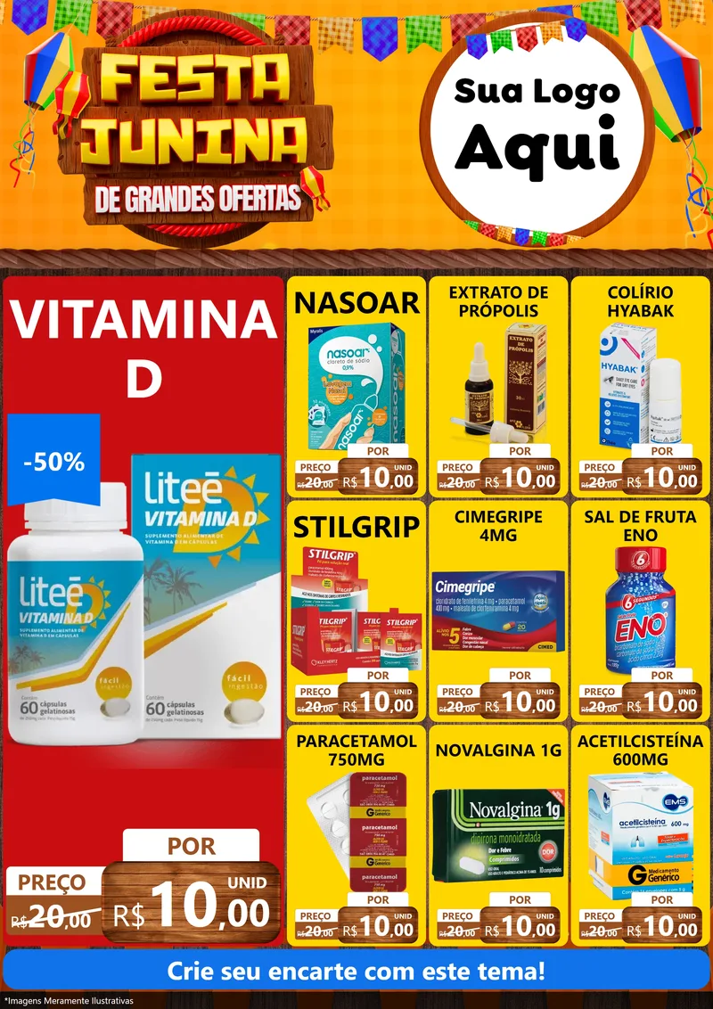 Modelo de Encarte para Encarte A4 Vertical com o tema Festa Junina de Grandes Ofertas para Farmácia