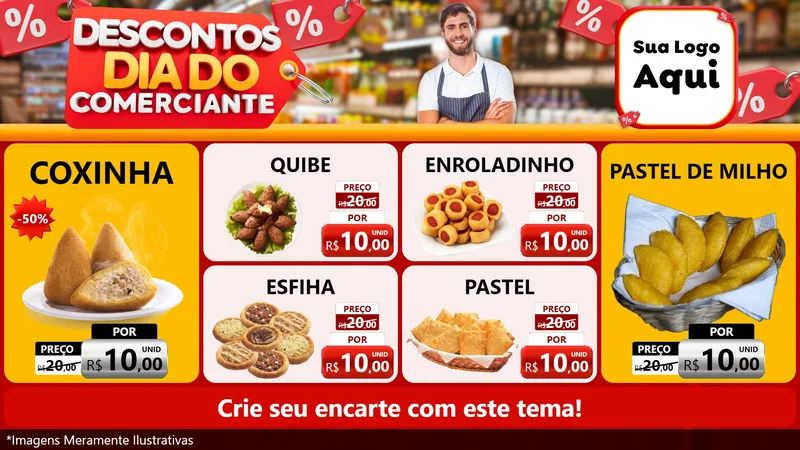 Modelo de TV para TV Horizontal com o tema Descontos Dia do Comerciante para Salgadaria