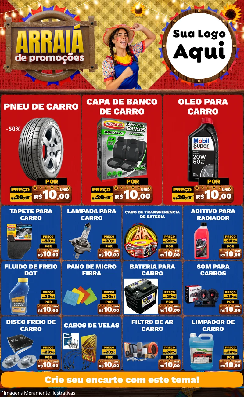 Modelo de Encarte para Encarte Grande com o tema Arraiá de Promoções para Auto peças