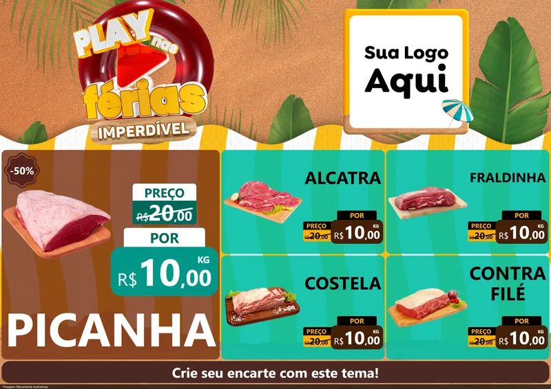 Modelo de Encarte para Encarte A4 Horizontal com o tema Play Nas Férias Imperdível para Açougue