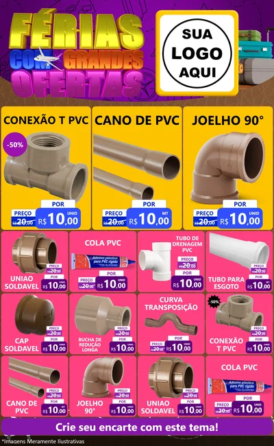 Modelo de Encarte para Encarte Grande com o tema Férias com Grandes Ofertas para Tubos e conexões