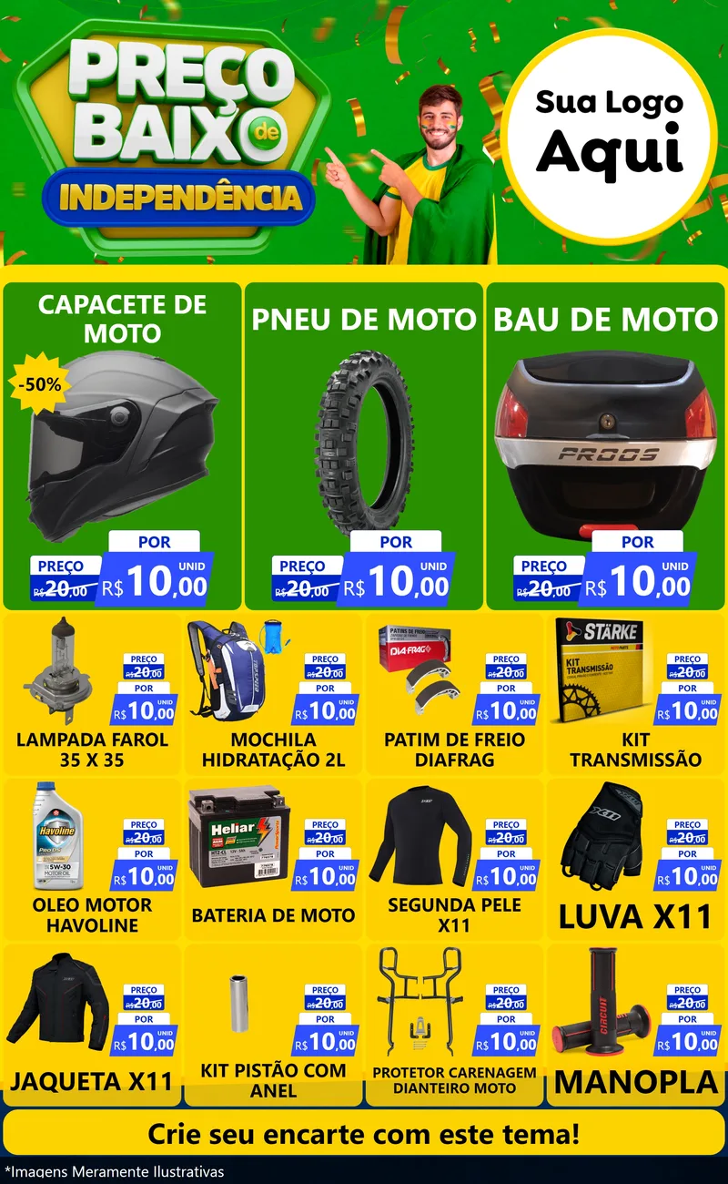 Modelo de Encarte para Encarte Grande com o tema Preço Baixo de Independência para Moto peças