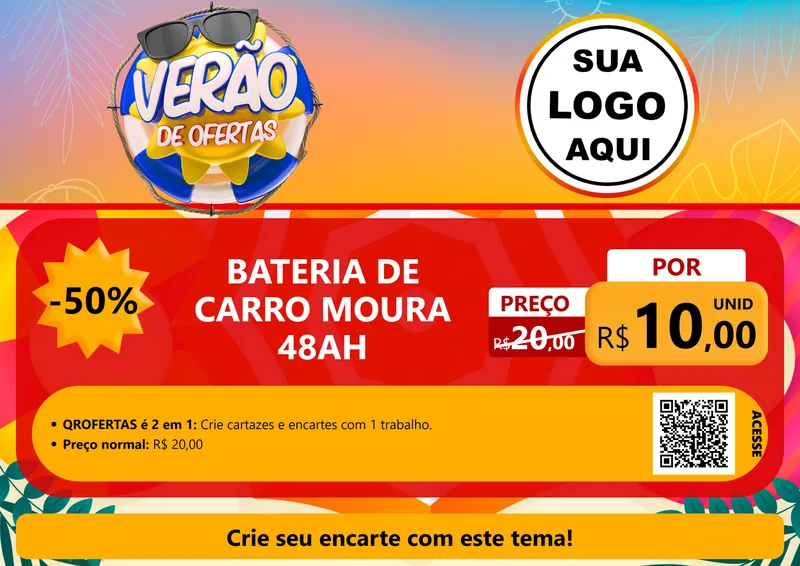 Modelo de Cartaz para Cartaz A4 Horizontal com o tema Verão de Ofertas para Baterias Elétricas