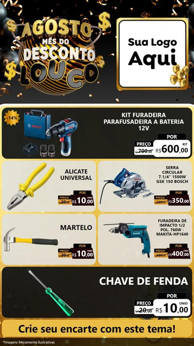 Modelo de TV para TV Vertical com o tema Agosto Mês do Desconto Louco para Maquinas e Ferramentas