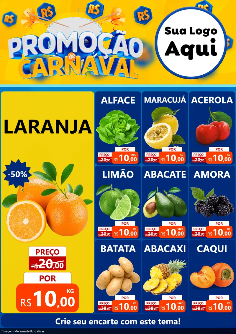 Modelo de Encarte para Encarte A4 Vertical com o tema Promoção de Carnaval para Hortifrúti