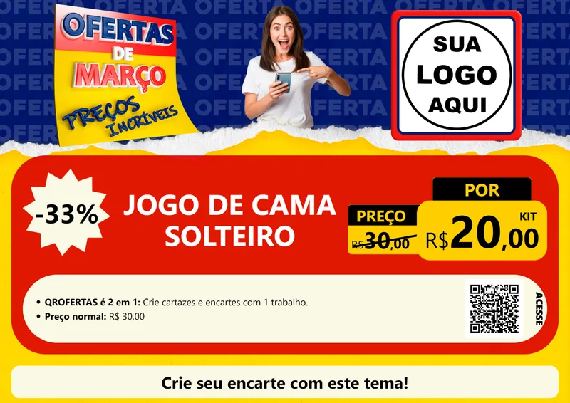 Modelo de Cartaz para Cartaz A4 Horizontal com o tema Ofertas de Março - Preços Incríveis para Cama, Mesa e Banho