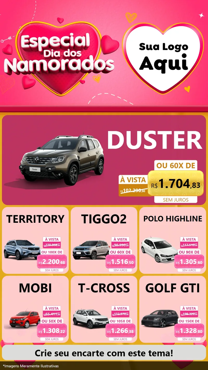 Modelo de Rede Social para Stories com o tema Especial Dia dos Namorados para Concessionaria de Carros