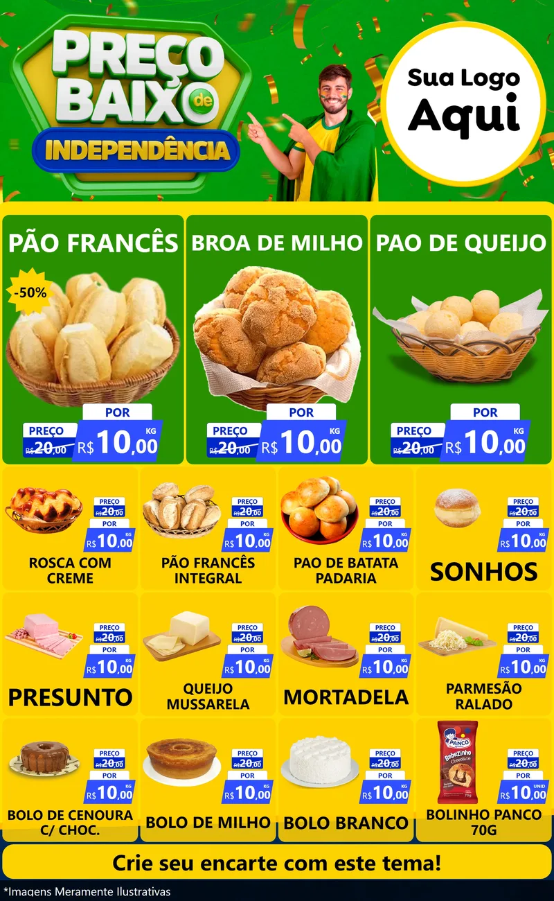 Modelo de Encarte para Encarte Grande com o tema Preço Baixo de Independência para Padaria