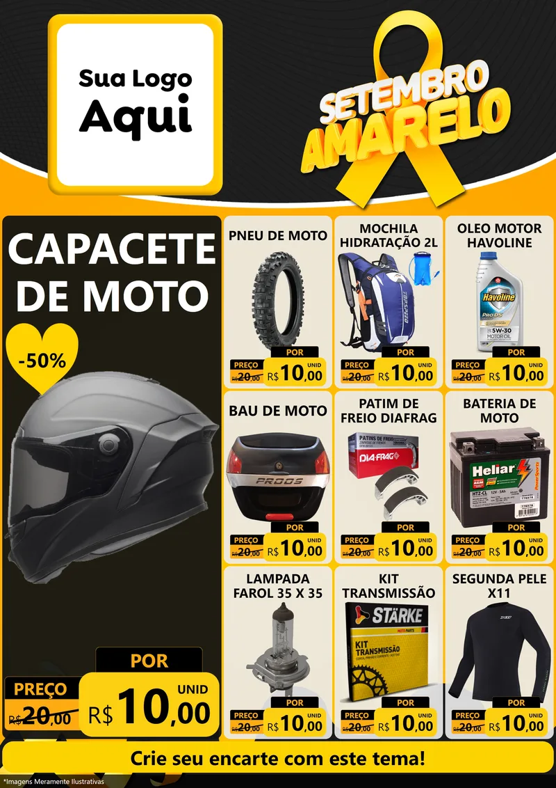 Modelo de Encarte para Encarte A4 Vertical com o tema Setembro Amarelo para Moto peças