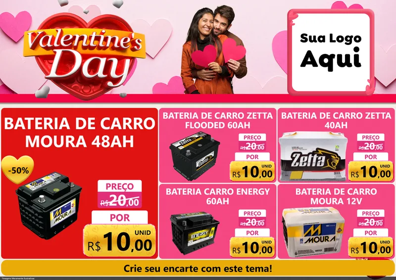 Modelo de Encarte para Encarte A4 Horizontal com o tema Valentine's Day para Baterias Elétricas
