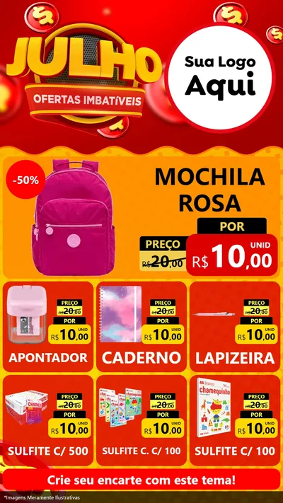 Modelo de Rede Social para Stories com o tema Julho Ofertas Imbatíveis para Papelaria