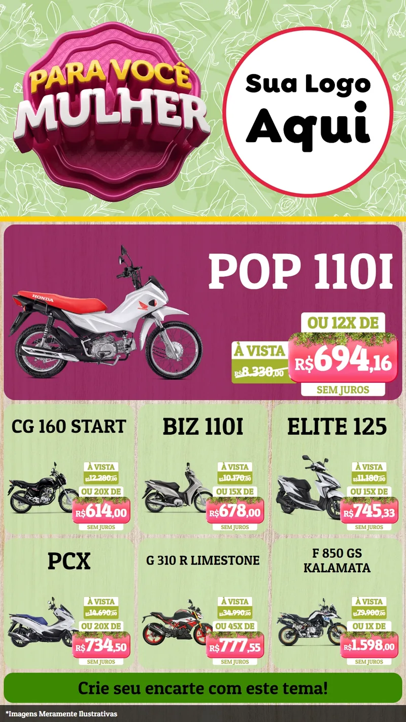 Modelo de Rede Social para Stories com o tema Para Você Mulher para Concessionaria de Motos