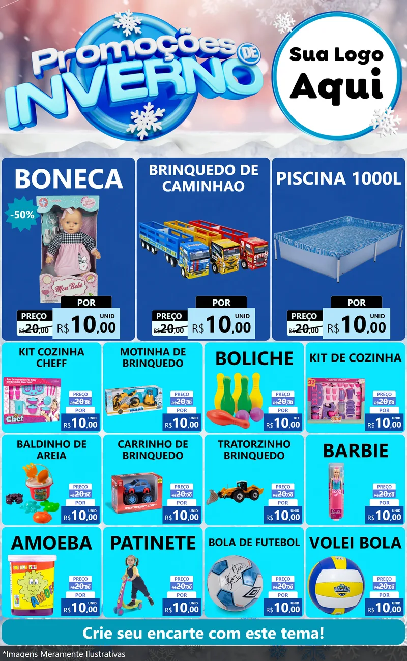 Modelo de Encarte para Encarte Grande com o tema Promoções de Inverno para Brinquedos
