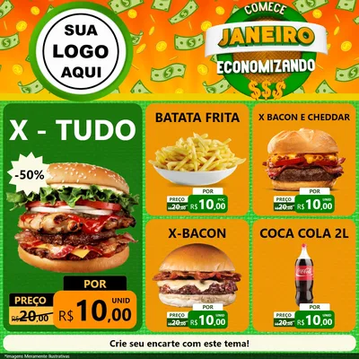 Modelo de Rede Social para Feed Facebook com o tema Comece Janeiro Economizando para Hamburgueria