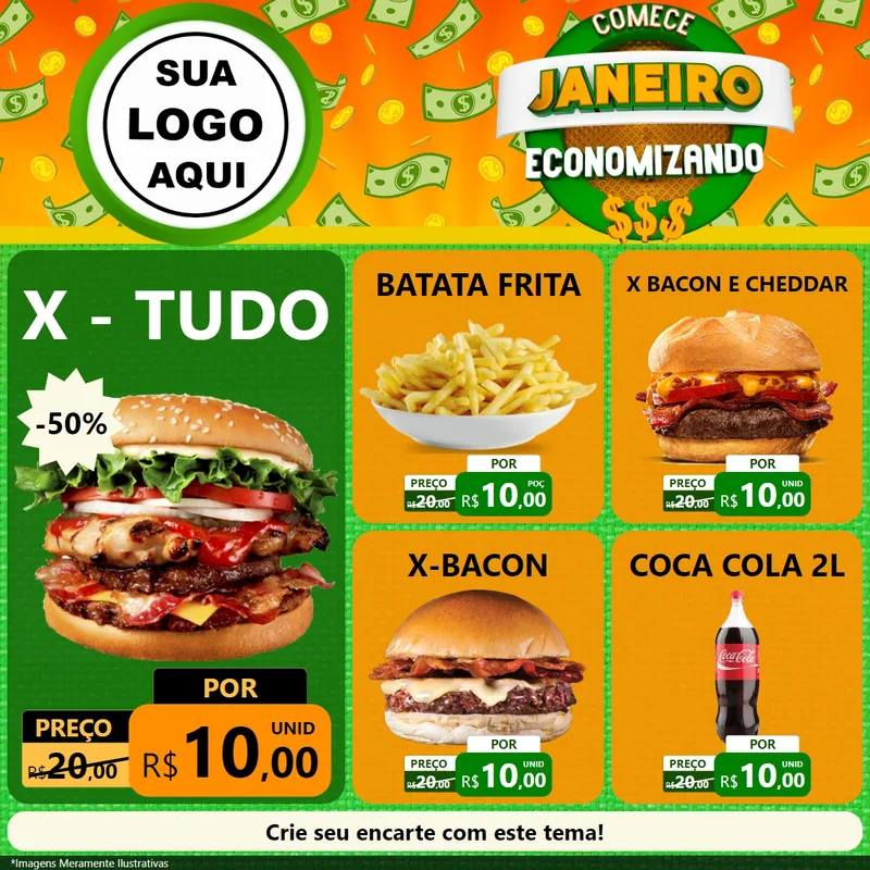 Modelo de Rede Social para Feed Facebook com o tema Comece Janeiro Economizando para Hamburgueria