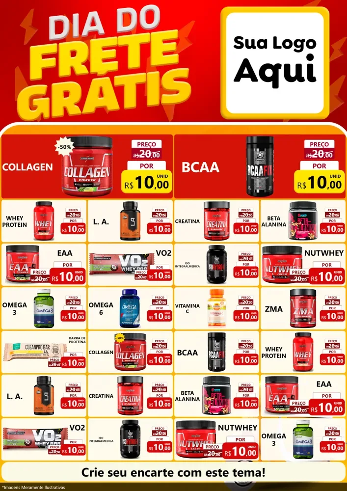 Modelo de Encarte para Encarte A4 Vertical com o tema Dia do Frete Grátis para Suplementos alimentares