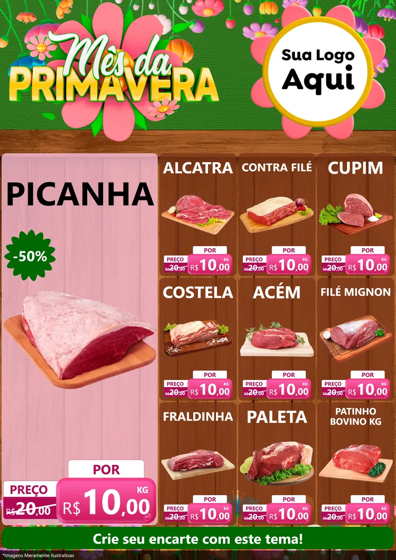 Modelo de Encarte para Encarte A4 Vertical com o tema Mês da Primavera para Açougue