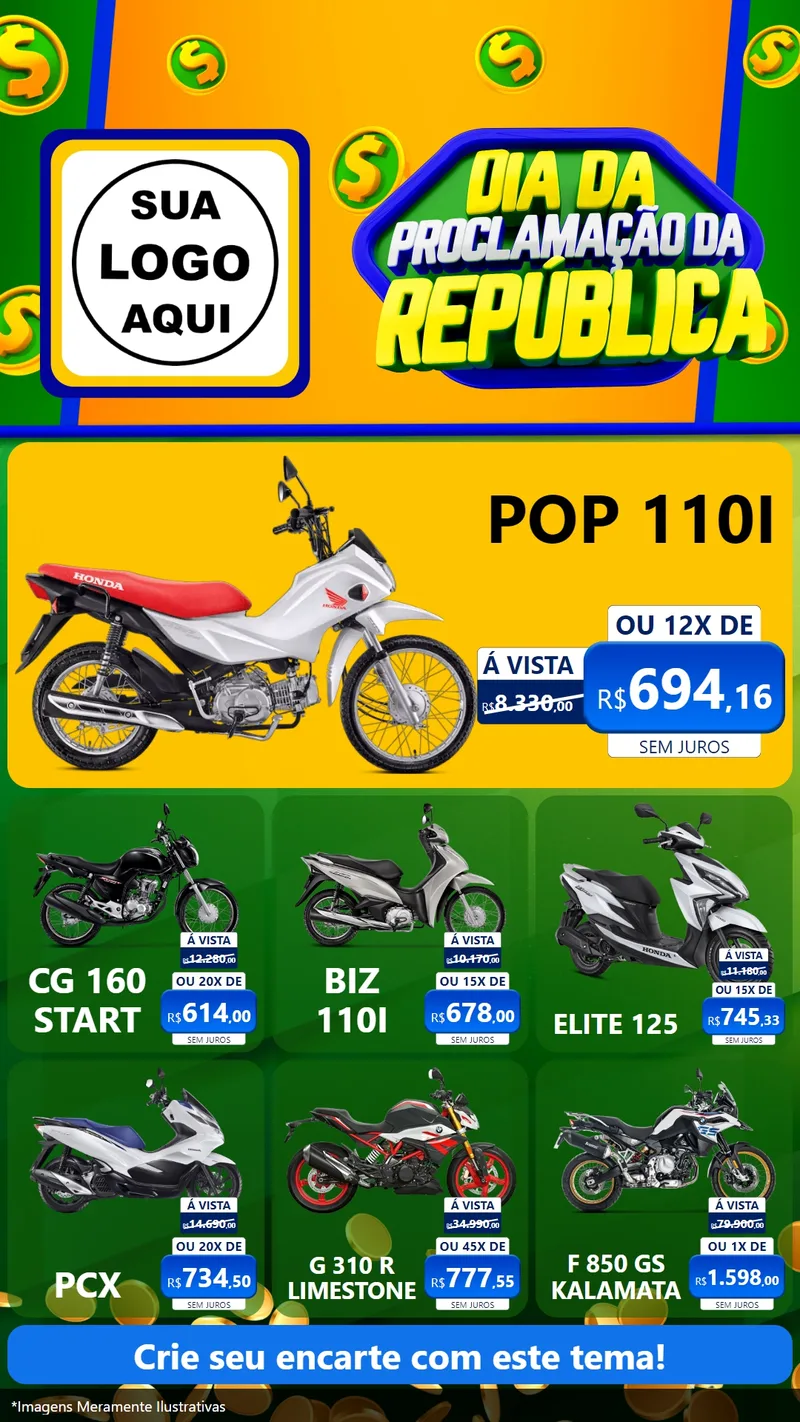 Modelo de Rede Social para Stories com o tema Dia Da Proclamação da República para Concessionaria de Motos