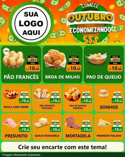 Modelo de Rede Social para Feed Instagram com o tema Comece Outubro Economizando para Padaria