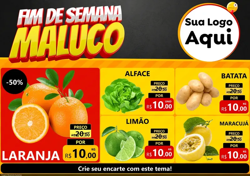 Modelo de Encarte para Encarte A4 Horizontal com o tema Final de Semana Maluco para Hortifrúti