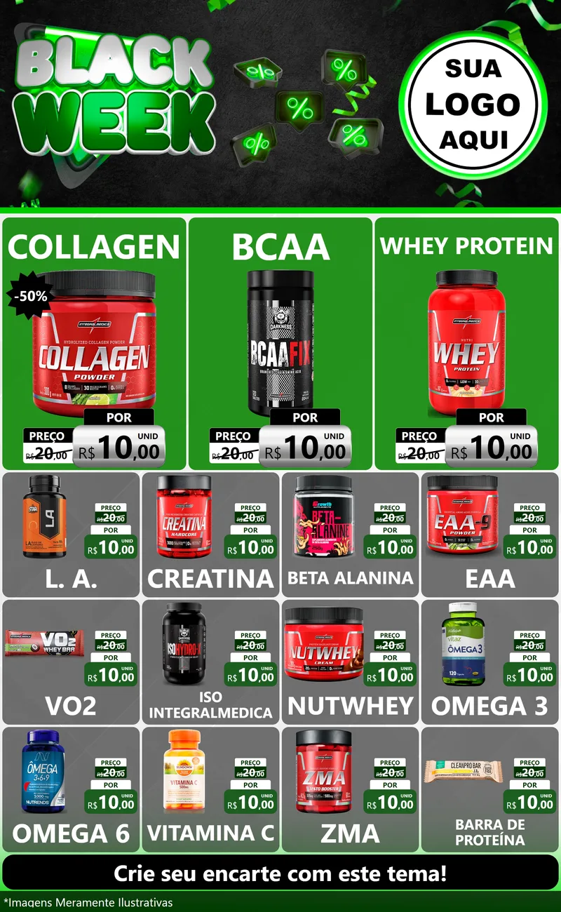 Modelo de Encarte para Encarte Grande com o tema Black Week para Suplementos alimentares