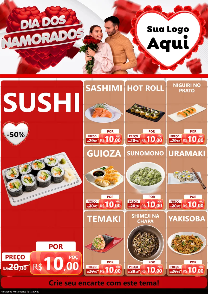 Modelo de Encarte para Encarte A4 Vertical com o tema Dia dos Namorados para Comida japonesa