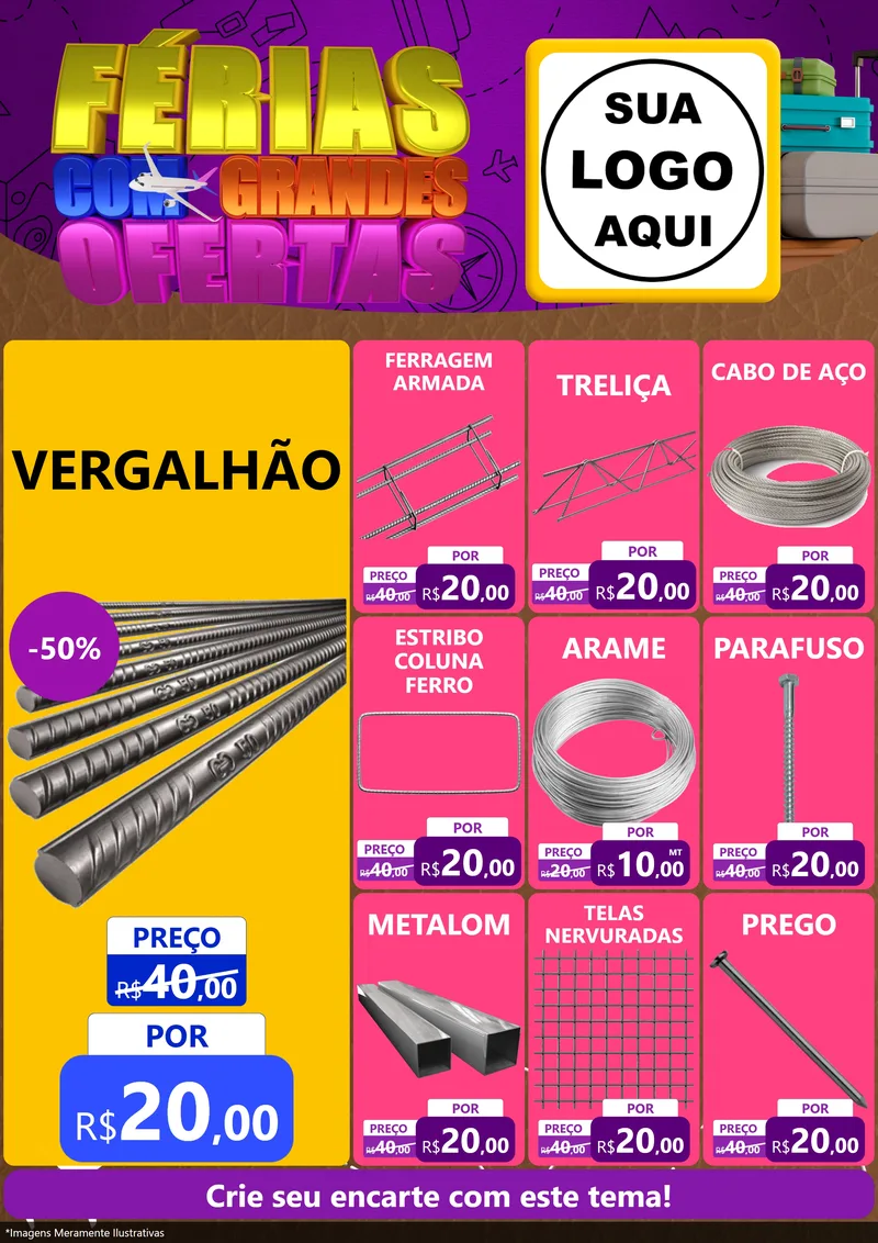 Modelo de Encarte para Encarte A4 Vertical com o tema Férias com Grandes Ofertas para Ferragens