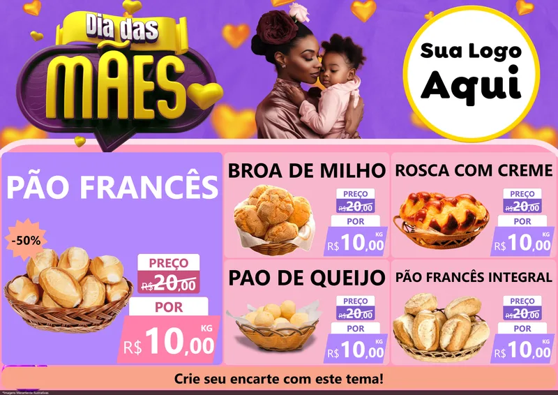 Modelo de Encarte para Encarte A4 Horizontal com o tema Dia das Mães para Padaria