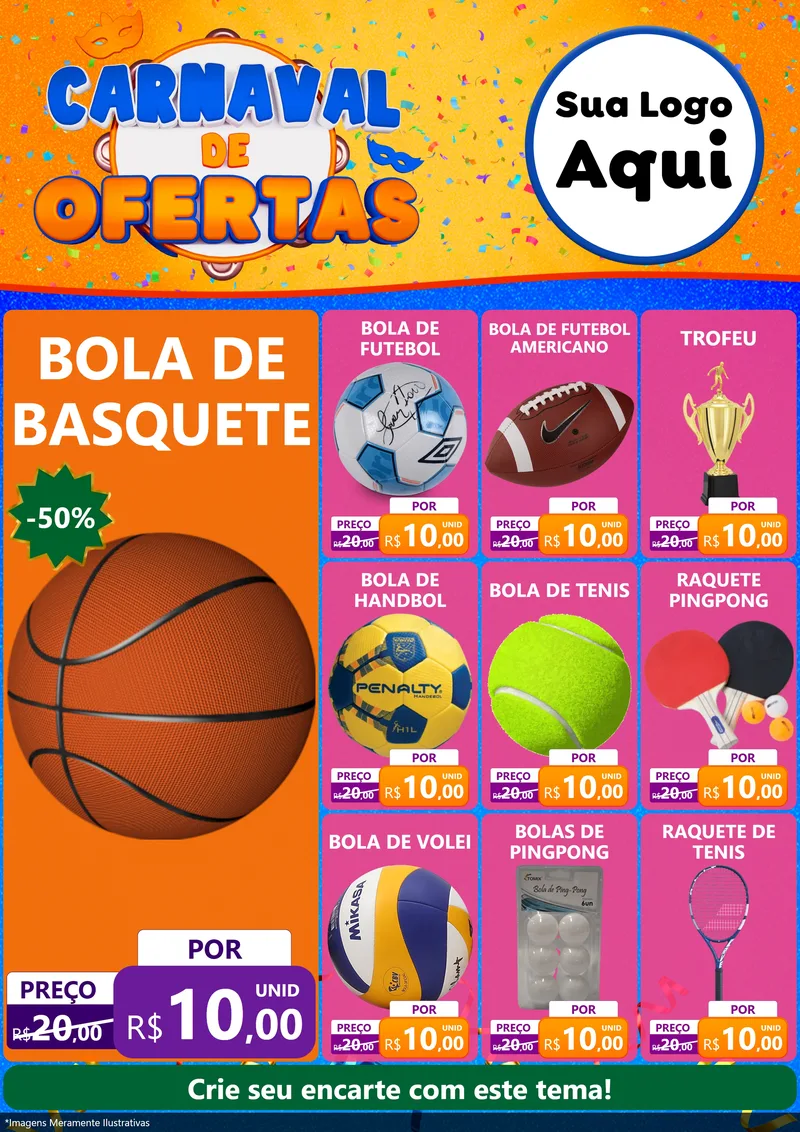 Modelo de Encarte para Encarte A4 Vertical com o tema Carnaval de Ofertas para Artigos Esportivos