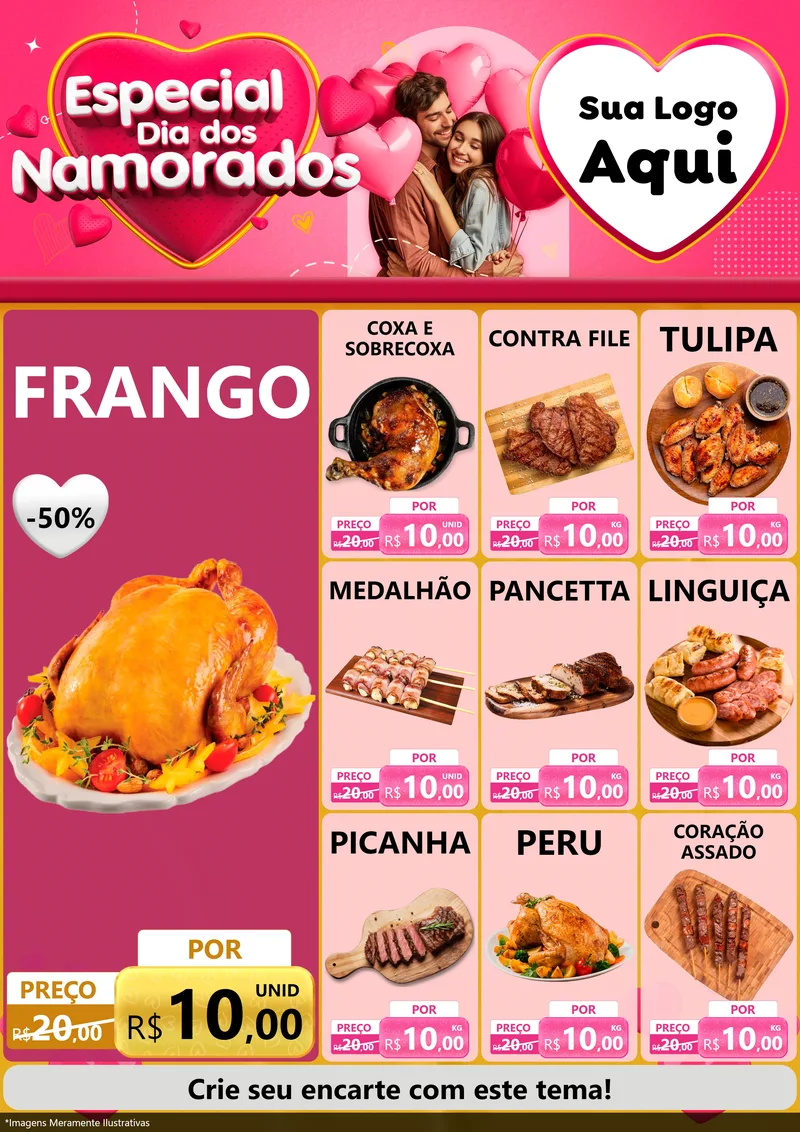 Modelo de Encarte para Encarte A4 Vertical com o tema Especial Dia dos Namorados para Assados