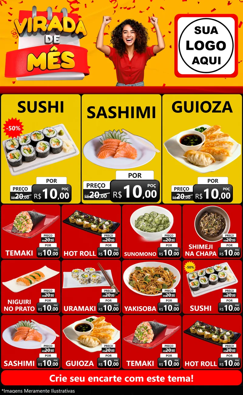 Modelo de Encarte para Encarte Grande com o tema Virada de Mês para Comida japonesa