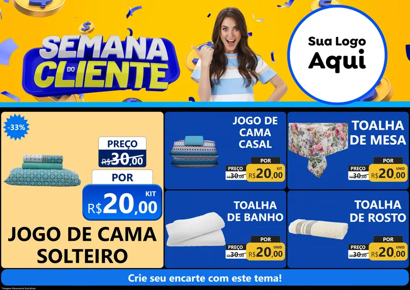 Modelo de Encarte para Encarte A4 Horizontal com o tema Semana do Cliente para Cama, Mesa e Banho
