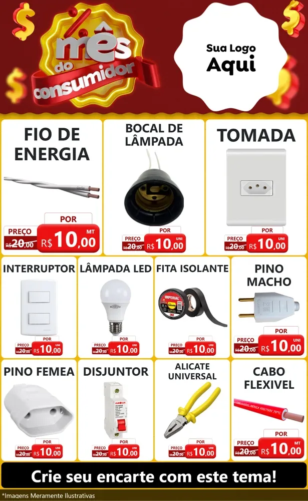 Modelo de Encarte para Encarte Grande com o tema Mês do consumidor para Materiais Elétricos