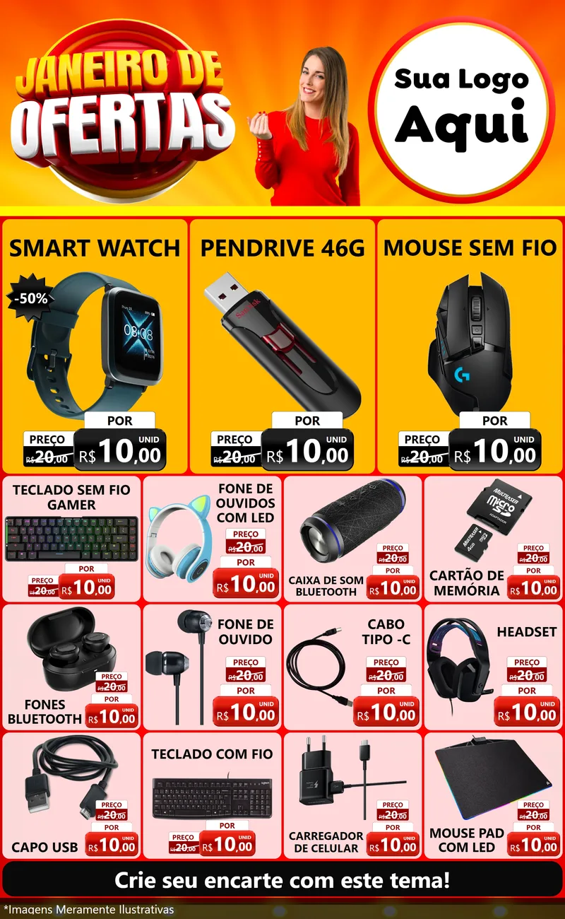 Modelo de Encarte para Encarte Grande com o tema Janeiro de Ofertas para Informática